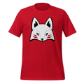 Red 100% airlume cotton t-shirt featuring modern red kitsune mask design. Item is a BRKDrip AFOL essentials shirt with a modern elemental brick masters aesthetic.