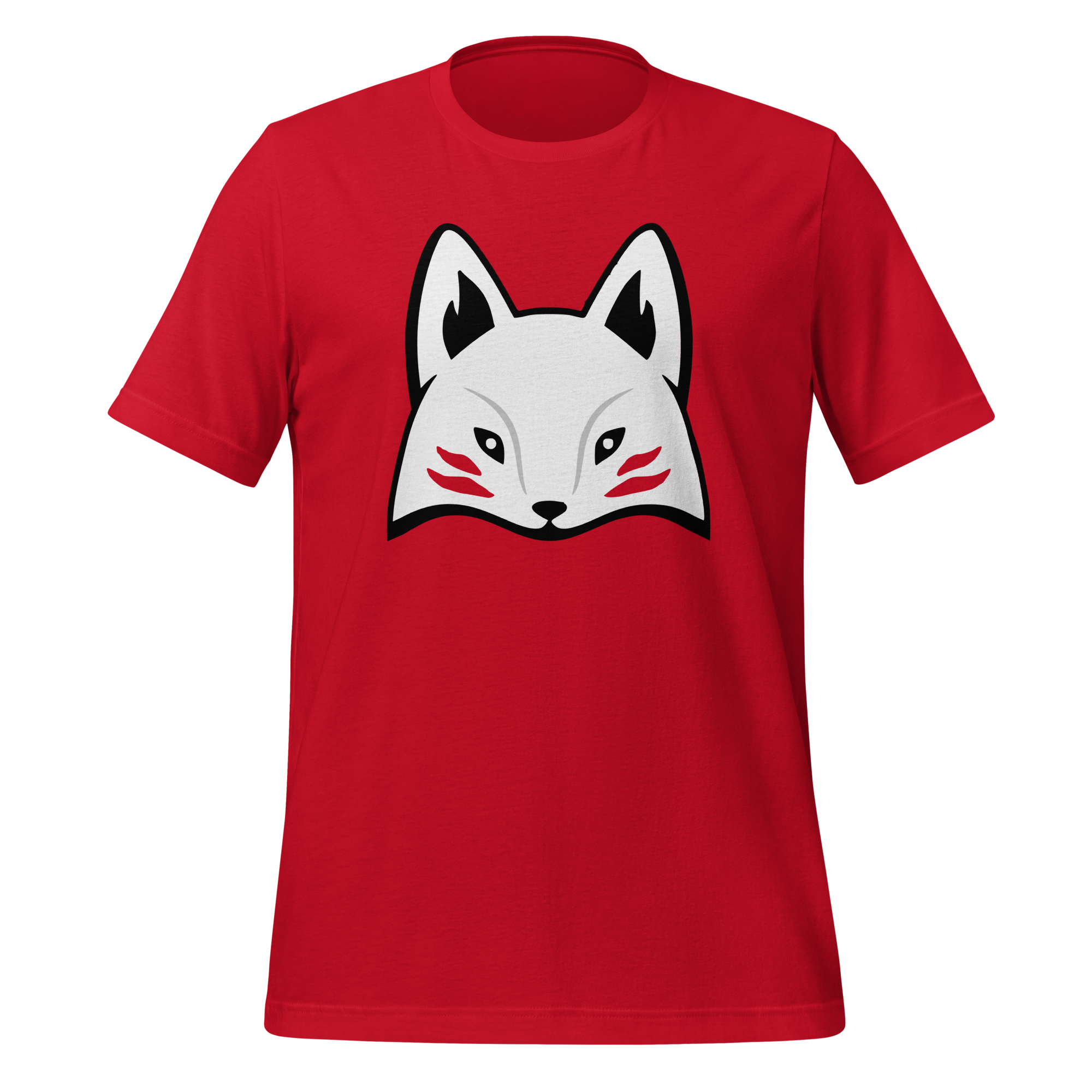 Red 100% airlume cotton t-shirt featuring modern red kitsune mask design. Item is a BRKDrip AFOL essentials shirt with a modern elemental brick masters aesthetic.