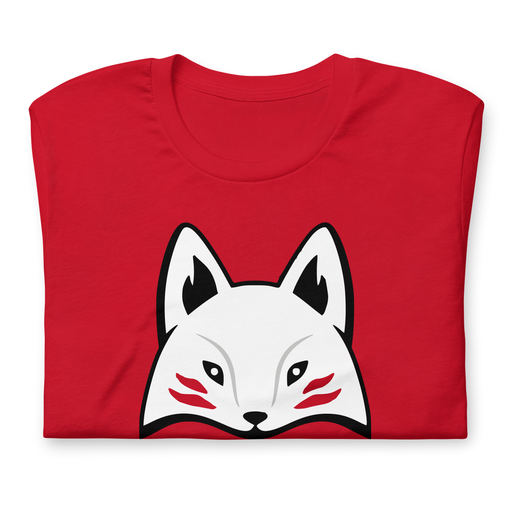 Folded red 100% airlume cotton t-shirt featuring modern red kitsune mask design. Item is a BRKDrip AFOL essentials shirt with a modern elemental brick masters aesthetic.