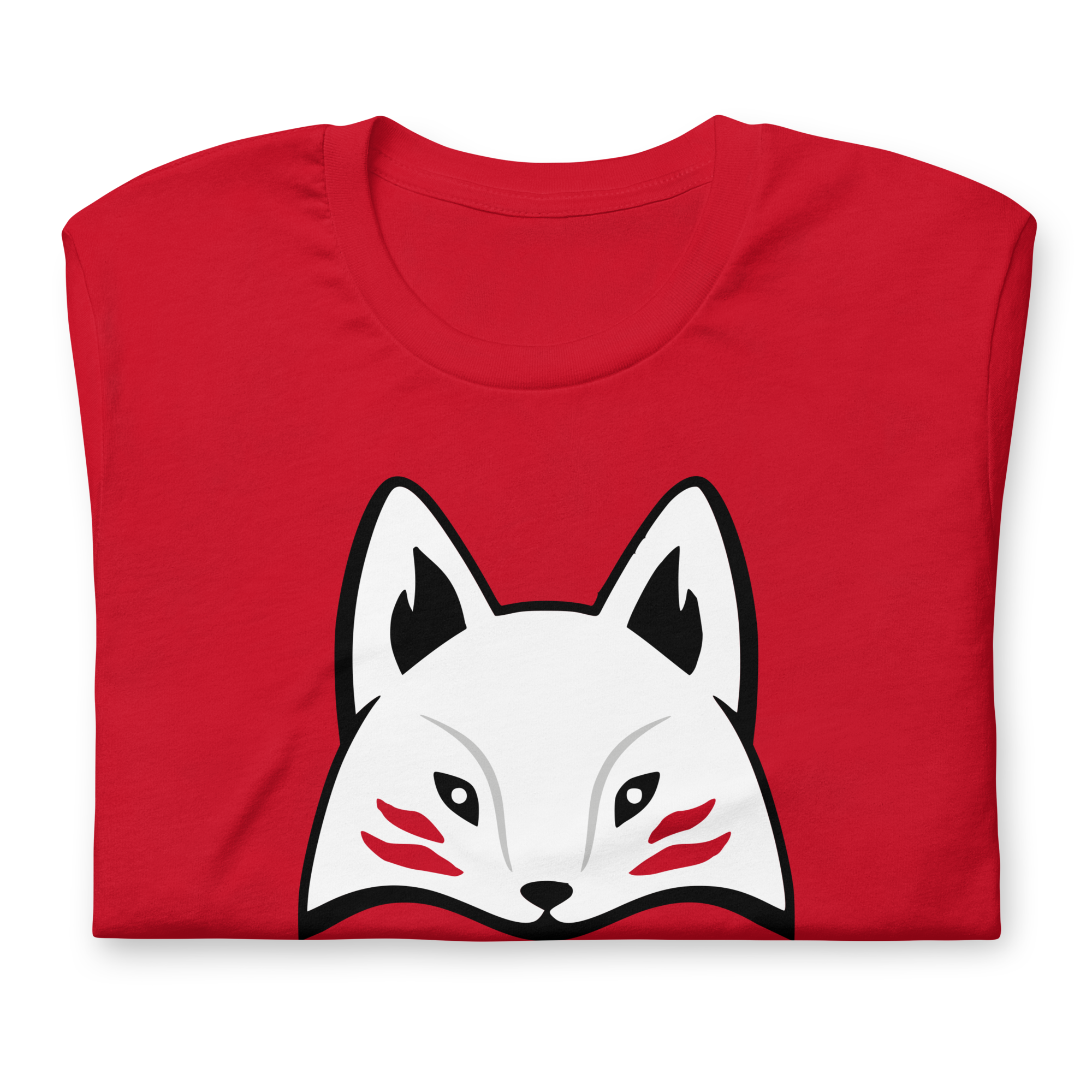 Folded red 100% airlume cotton t-shirt featuring modern red kitsune mask design. Item is a BRKDrip AFOL essentials shirt with a modern elemental brick masters aesthetic.