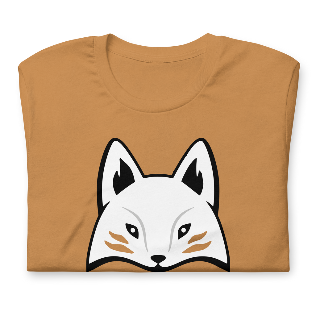Folded toast-colored 100% airlume cotton t-shirt featuring modern red kitsune mask design. Item is a BRKDrip AFOL essentials shirt with a modern elemental brick masters aesthetic.