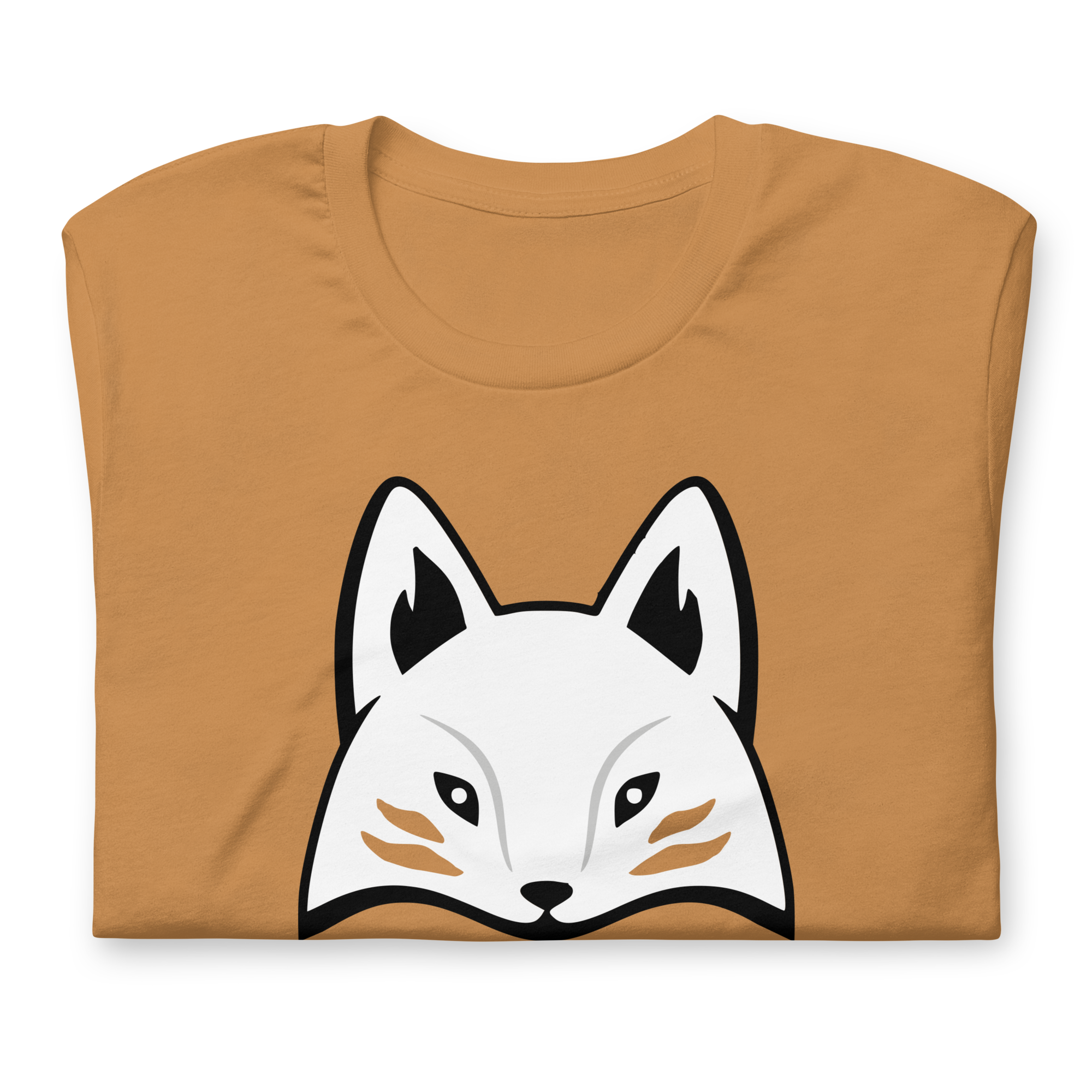 Folded toast-colored 100% airlume cotton t-shirt featuring modern red kitsune mask design. Item is a BRKDrip AFOL essentials shirt with a modern elemental brick masters aesthetic.