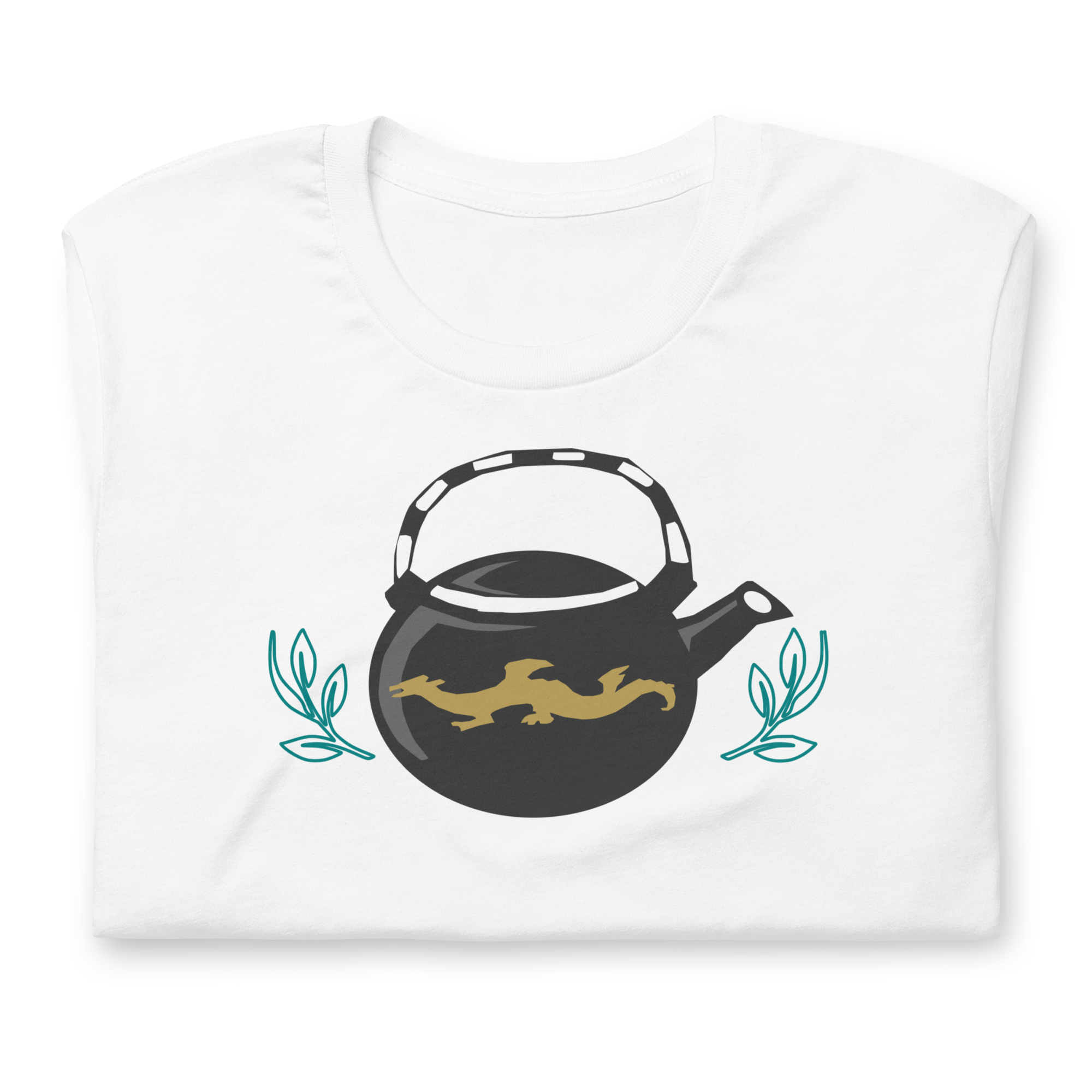 Folded white 100% airlume cotton t-shirt featuring a classic fan-made, stylized teapot with brick ninja dragon design. Item is a BRKDrip AFOL essentials shirt with a modern elemental brick master aesthetic. 