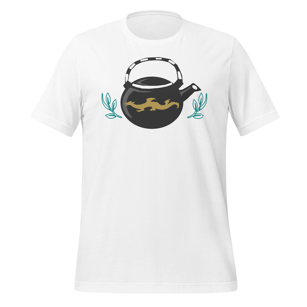 White 100% airlume cotton t-shirt featuring a classic fan-made, stylized teapot with brick ninja dragon design. Item is a BRKDrip AFOL essentials shirt with a modern elemental brick master aesthetic. 