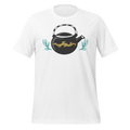White 100% airlume cotton t-shirt featuring a classic fan-made, stylized teapot with brick ninja dragon design. Item is a BRKDrip AFOL essentials shirt with a modern elemental brick master aesthetic. 