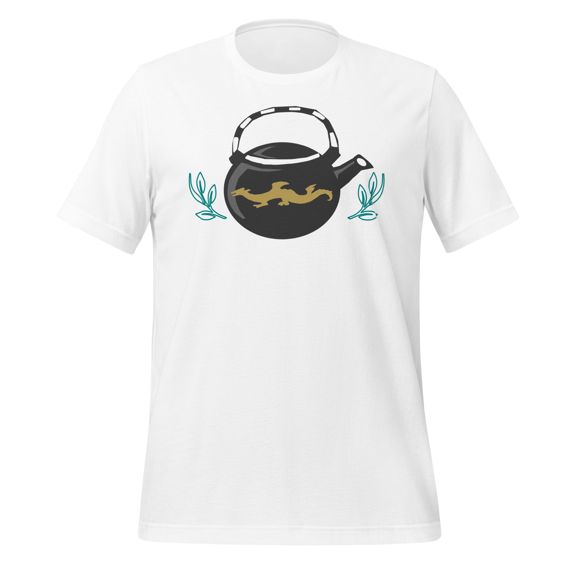 White 100% airlume cotton t-shirt featuring a classic fan-made, stylized teapot with brick ninja dragon design. Item is a BRKDrip AFOL essentials shirt with a modern elemental brick master aesthetic. 