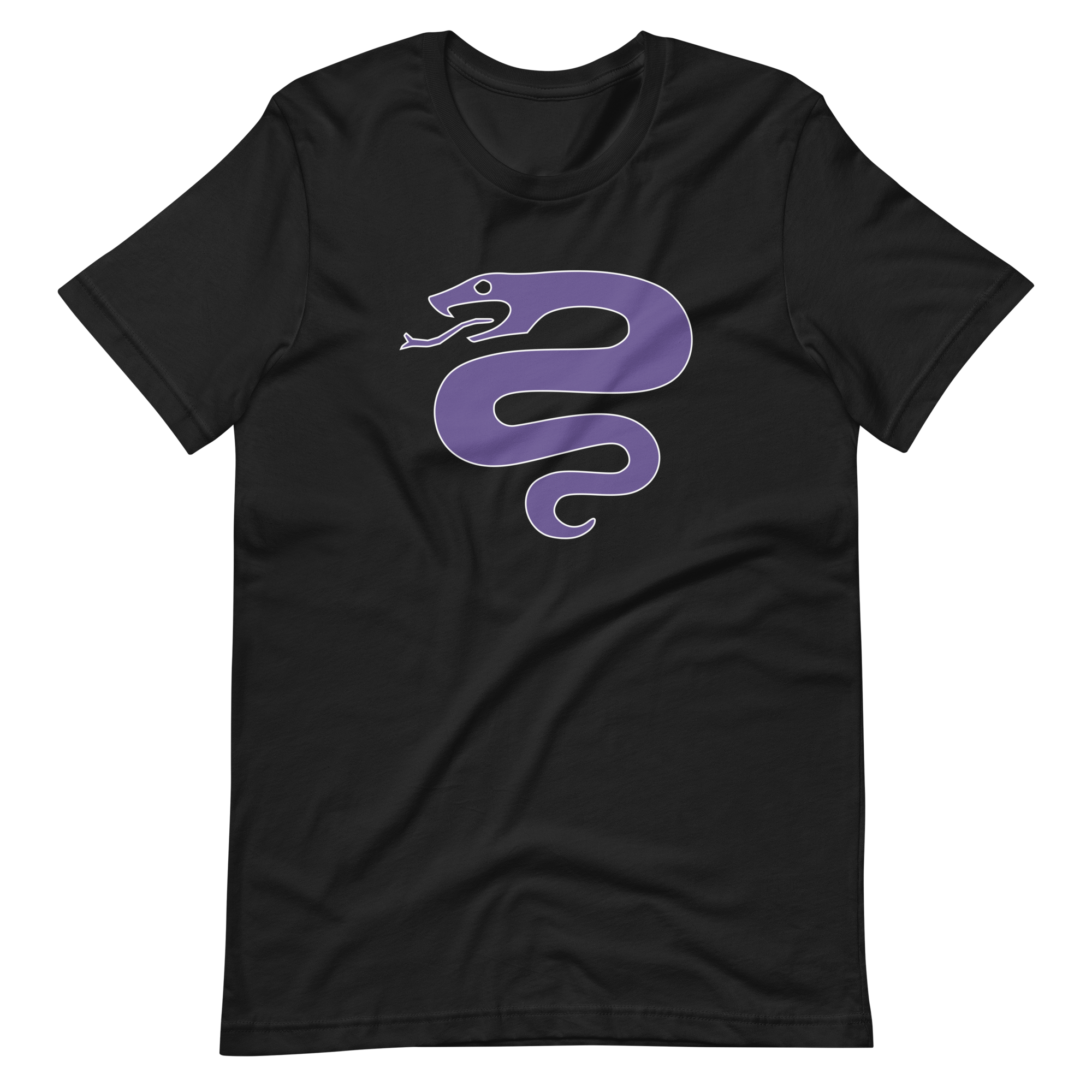 Wrinkled vintage black 100% airlume cotton t-shirt featuring classic fan-made serpent knights duskmark purple snake design. Item is a BRKDrip AFOL essentials shirt with a vintage castle building blocks aesthetic.