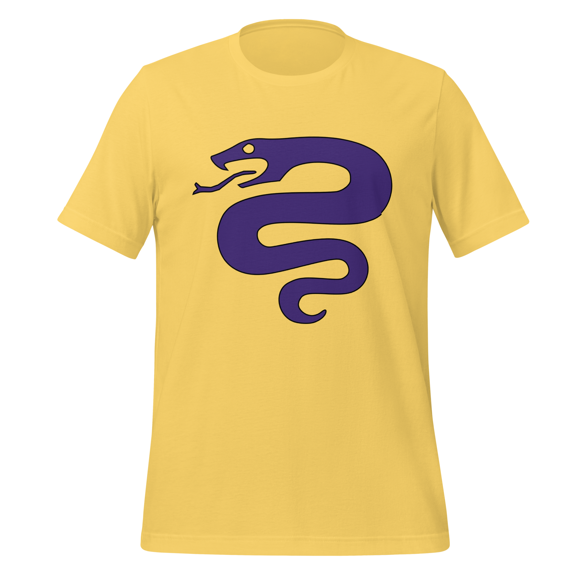 Bright yellow 100% airlume cotton t-shirt featuring classic fan-made serpent knights duskmark purple snake design. Item is a BRKDrip AFOL essentials shirt with a vintage castle building blocks aesthetic.