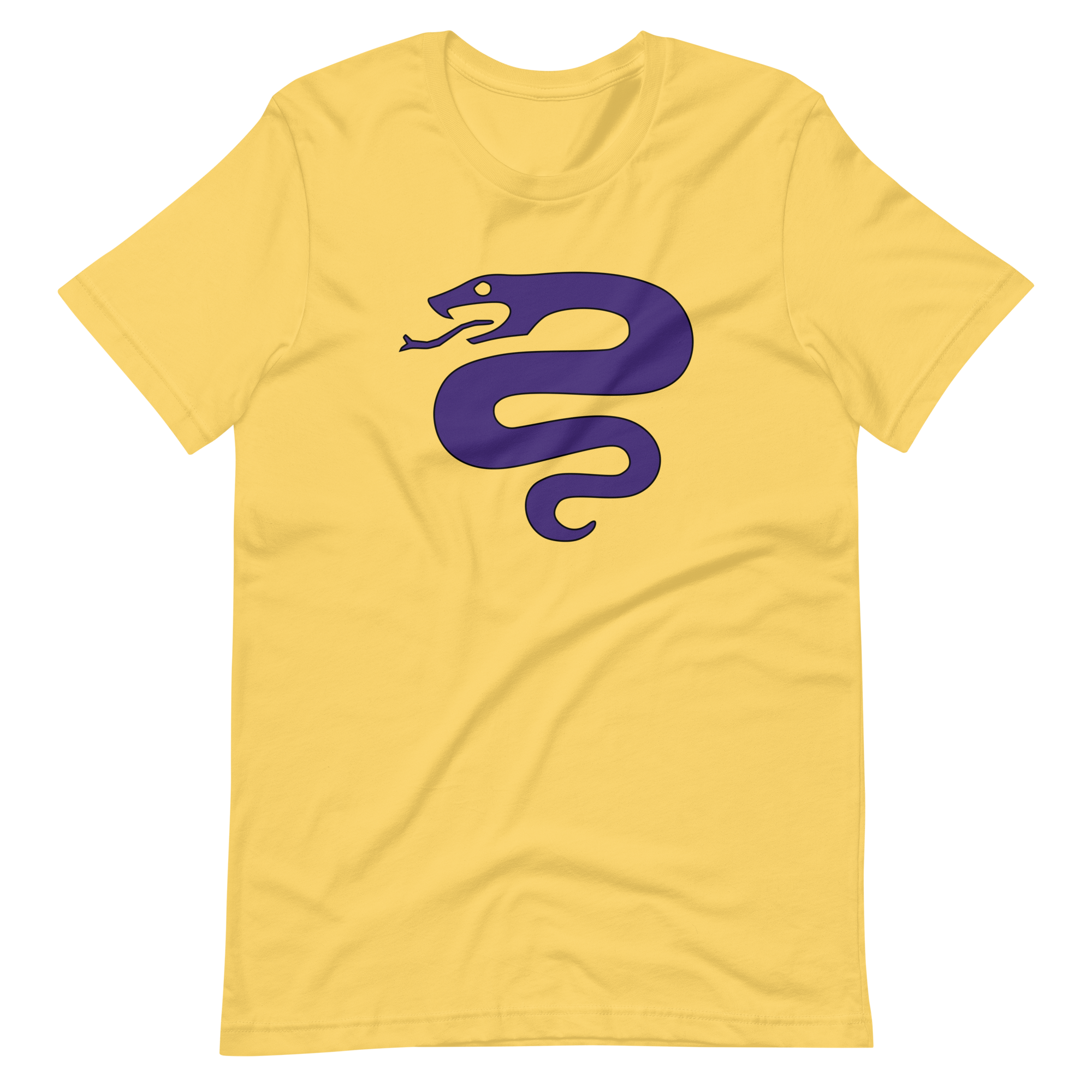 Wrinkled bright yellow 100% airlume cotton t-shirt featuring classic fan-made serpent knights duskmark purple snake design. Item is a BRKDrip AFOL essentials shirt with a vintage castle building blocks aesthetic.