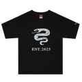 Black heavyweight, 100% cotton luxury Champion© t-shirt featuring aged serpent emblem and text "EST. 2025" indicating the year the faction was first introduced to the brick universe. Item is a BRKDrip Heritage Collection luxury shirt with a vintage castle building block aesthetic.