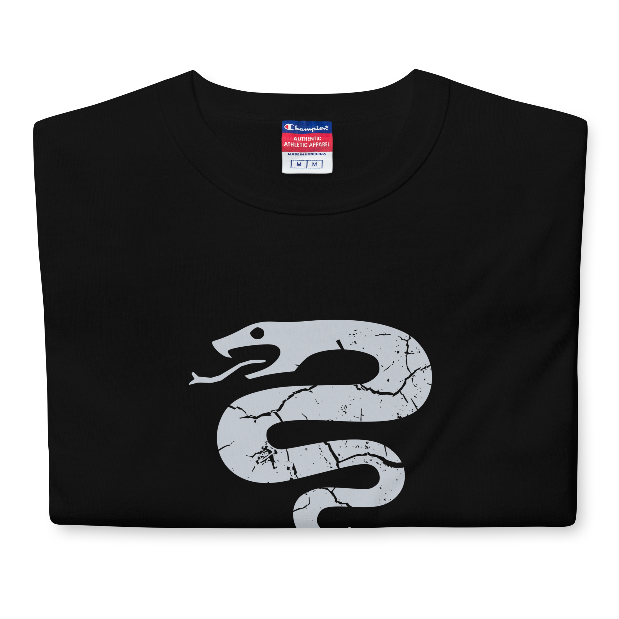 Folded black heavyweight, 100% cotton luxury Champion© t-shirt featuring aged serpent emblem and text "EST. 2025" indicating the year the faction was first introduced to the brick universe. Item is a BRKDrip Heritage Collection luxury shirt with a vintage castle building block aesthetic.