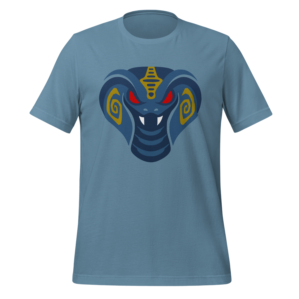 Steel blue 100% airlume cotton t-shirt featuring fan-made cult-classic scaley snake king design. Item is a BRKDrip AFOL essentials shirt with a modern elemental brick masters aesthetic.