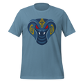 Steel blue 100% airlume cotton t-shirt featuring fan-made cult-classic scaley snake king design. Item is a BRKDrip AFOL essentials shirt with a modern elemental brick masters aesthetic.