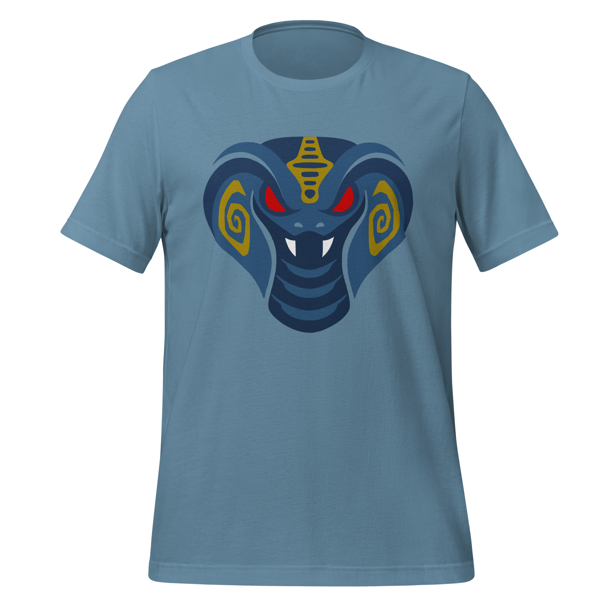 Steel blue 100% airlume cotton t-shirt featuring fan-made cult-classic scaley snake king design. Item is a BRKDrip AFOL essentials shirt with a modern elemental brick masters aesthetic.