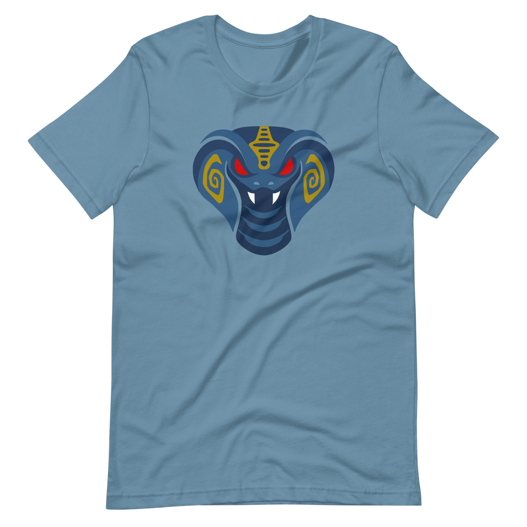 Wrinkled steel blue 100% airlume cotton t-shirt featuring fan-made cult-classic scaley snake king design. Item is a BRKDrip AFOL essentials shirt with a modern elemental brick masters aesthetic.