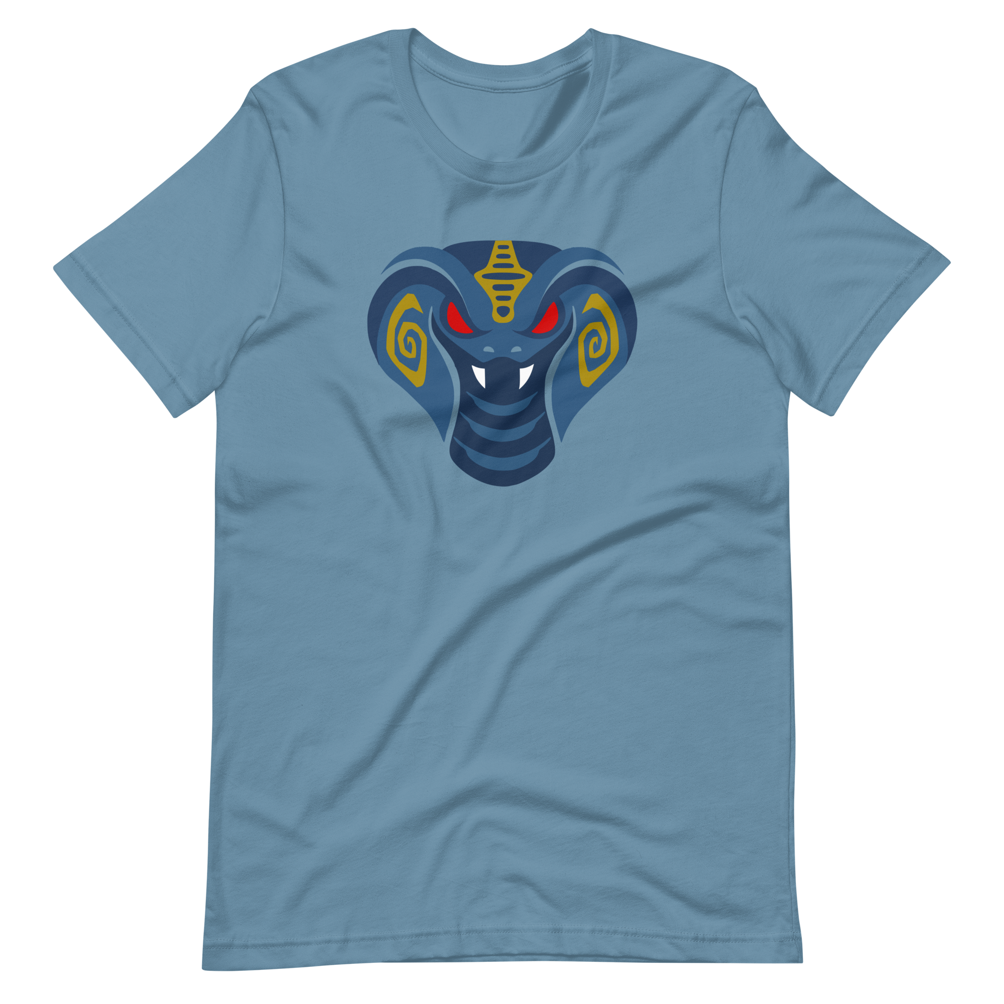 Wrinkled steel blue 100% airlume cotton t-shirt featuring fan-made cult-classic scaley snake king design. Item is a BRKDrip AFOL essentials shirt with a modern elemental brick masters aesthetic.