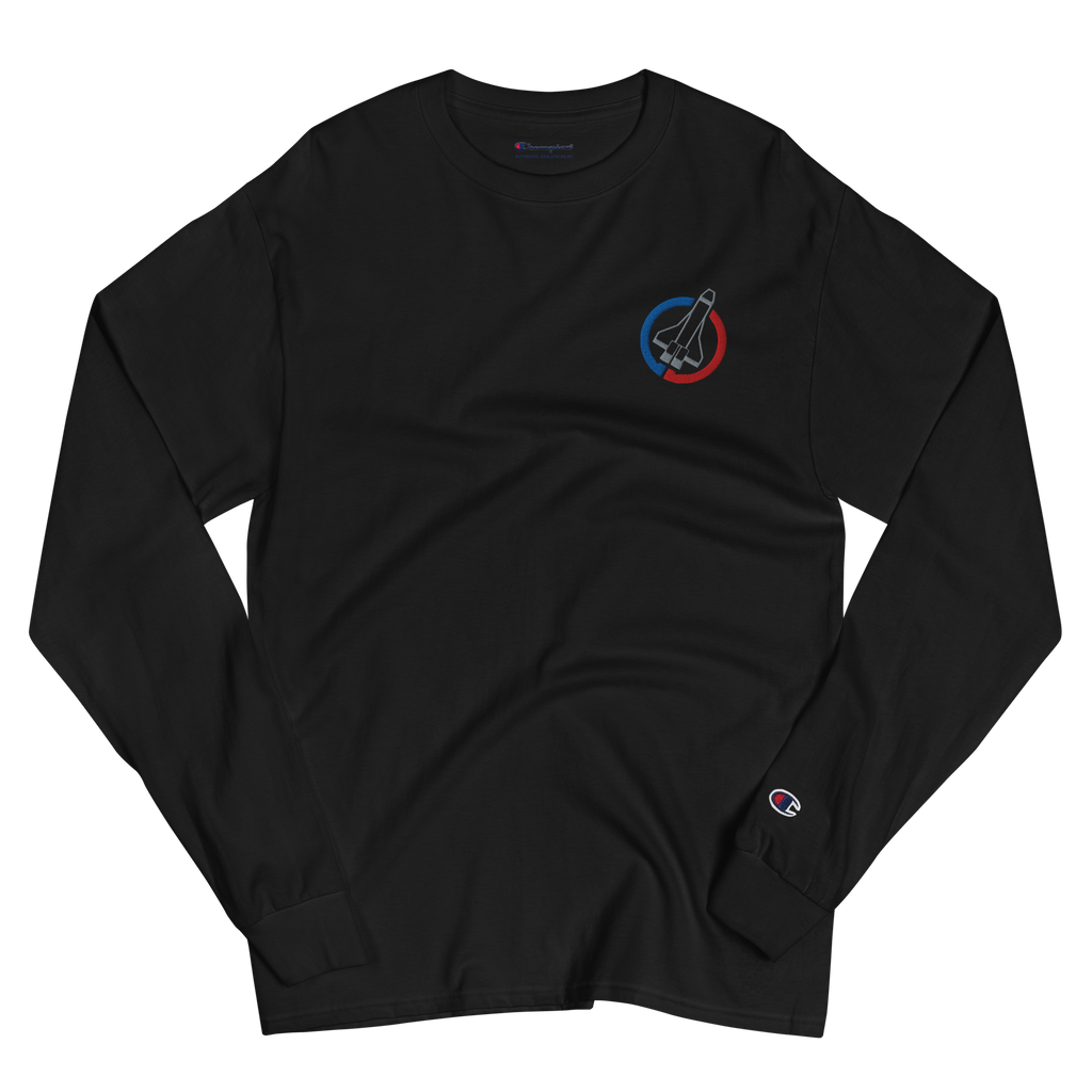 Wrinkled black lightweight, 100% cotton luxury Champion© shirt featuring space shuttle emblem embroidered in the top right corner. Item is a BRKDrip Builder's Collection luxury longsleeve shirt with a classic town building block aesthetic.