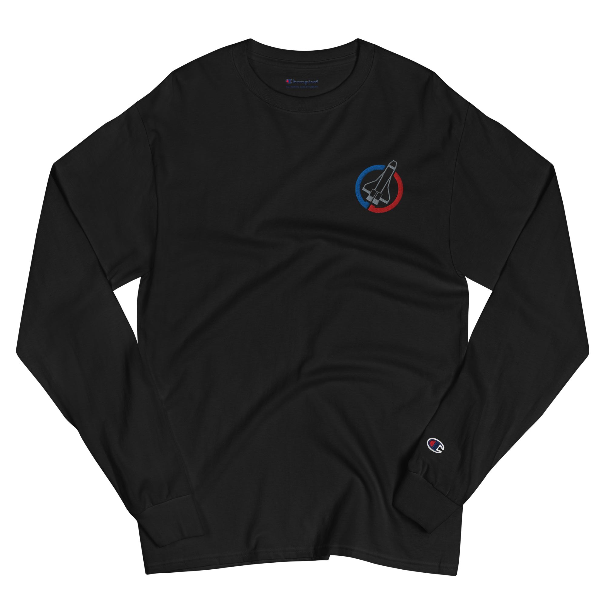 Wrinkled black lightweight, 100% cotton luxury Champion© shirt featuring space shuttle emblem embroidered in the top right corner. Item is a BRKDrip Builder's Collection luxury longsleeve shirt with a classic town building block aesthetic.