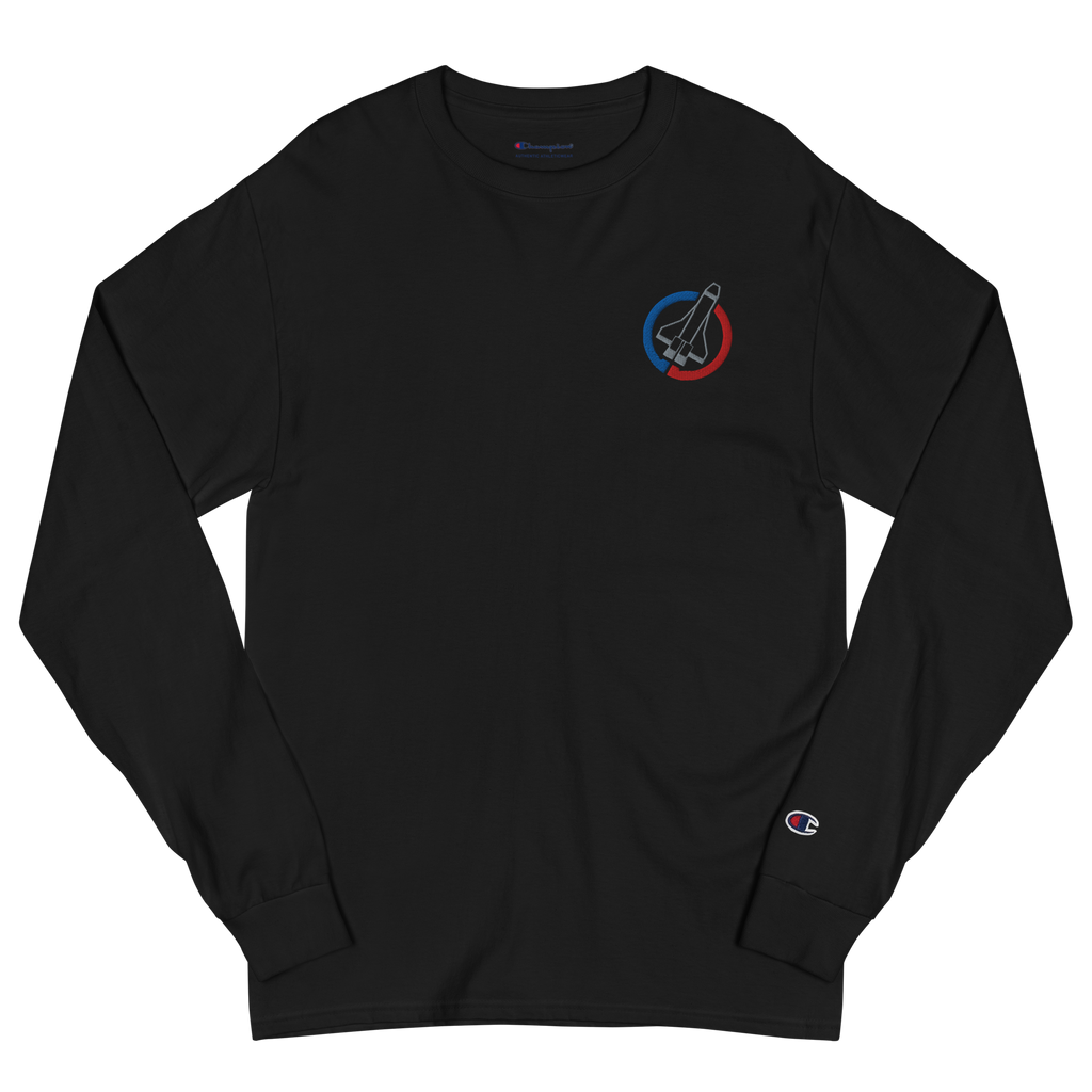 Black lightweight, 100% cotton luxury Champion© shirt featuring space shuttle emblem embroidered in the top right corner. Item is a BRKDrip Builder's Collection luxury longsleeve shirt with a classic town building block aesthetic.