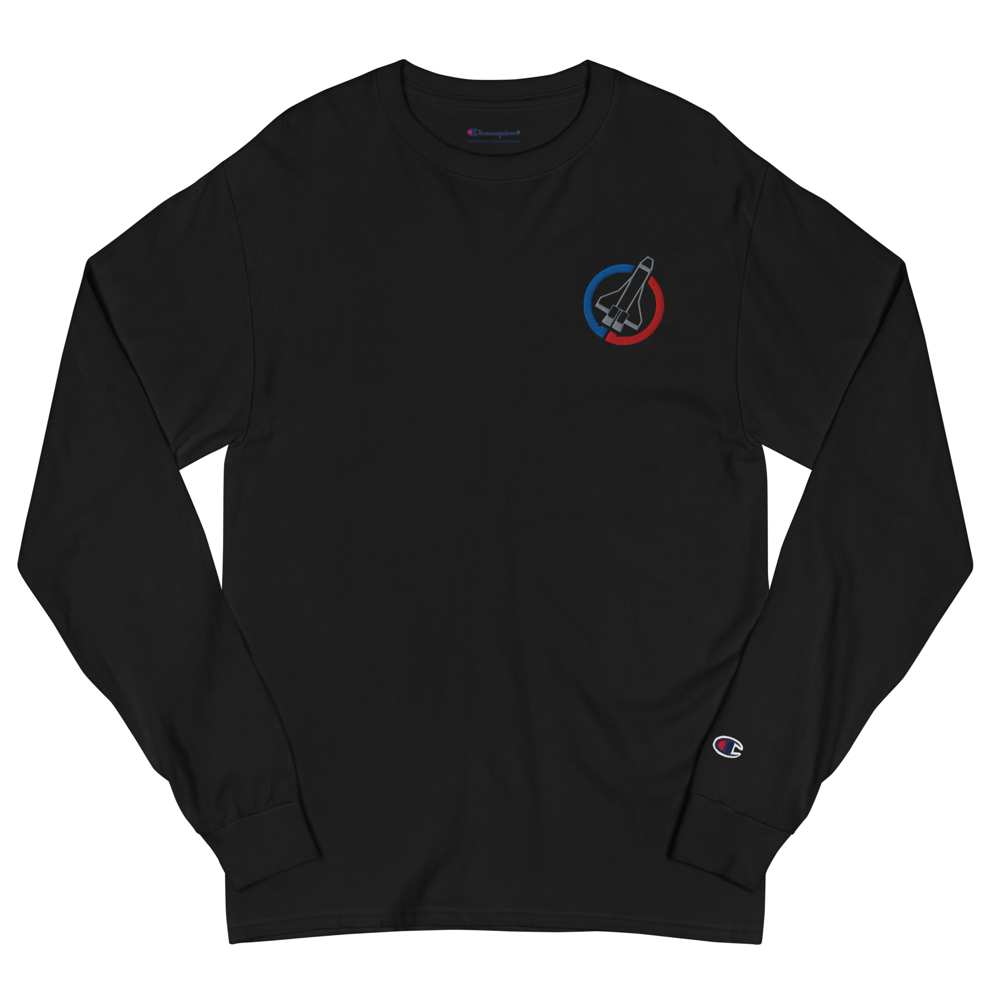 Black lightweight, 100% cotton luxury Champion© shirt featuring space shuttle emblem embroidered in the top right corner. Item is a BRKDrip Builder's Collection luxury longsleeve shirt with a classic town building block aesthetic.