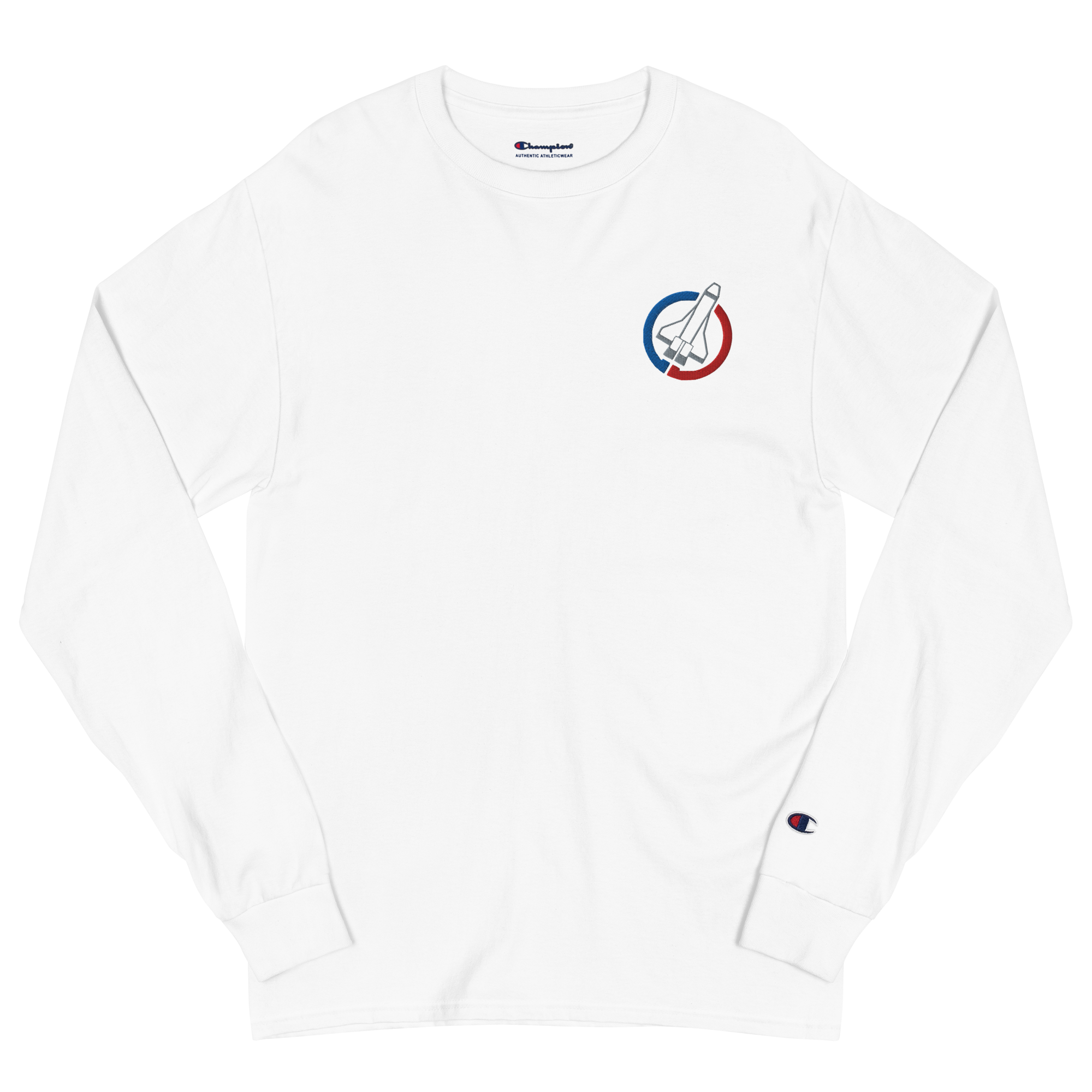 White lightweight, 100% cotton luxury Champion© shirt featuring space shuttle emblem embroidered in the top right corner. Item is a BRKDrip Builder's Collection luxury longsleeve shirt with a classic town building block aesthetic.
