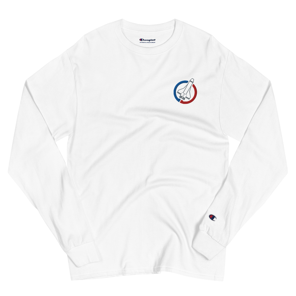 Wrinkled white lightweight, 100% cotton luxury Champion© shirt featuring space shuttle emblem embroidered in the top right corner. Item is a BRKDrip Builder's Collection luxury longsleeve shirt with a classic town building block aesthetic.