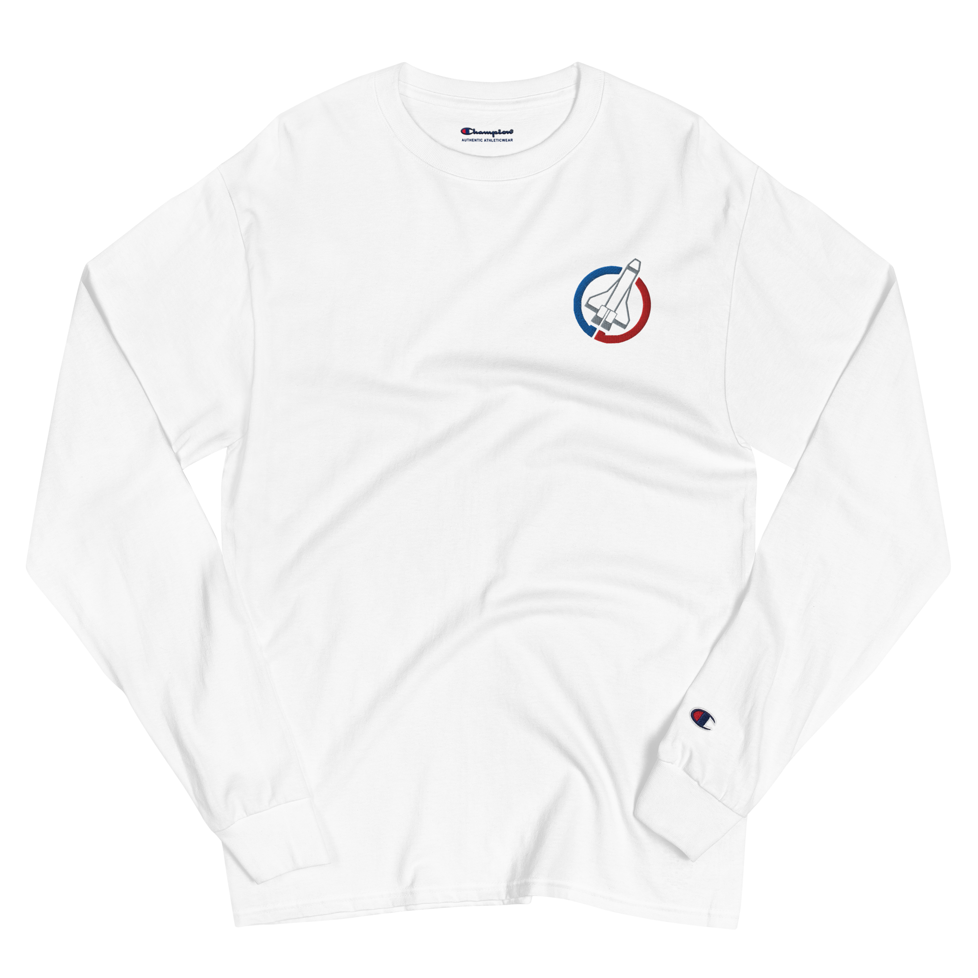 Wrinkled white lightweight, 100% cotton luxury Champion© shirt featuring space shuttle emblem embroidered in the top right corner. Item is a BRKDrip Builder's Collection luxury longsleeve shirt with a classic town building block aesthetic.