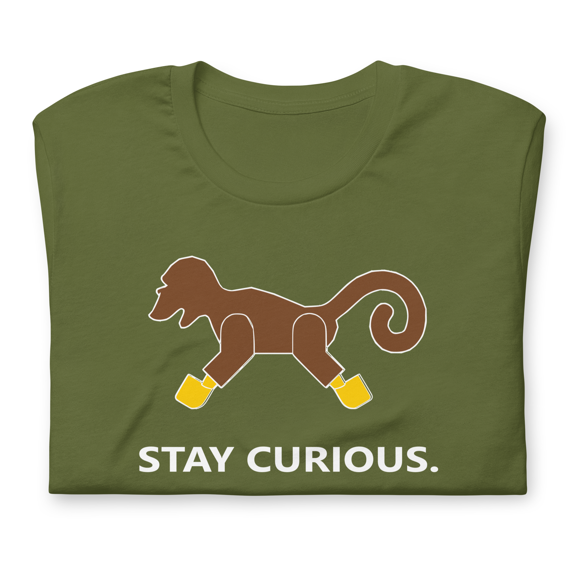 Folded olive green 100% airlume cotton t-shirt featuring classic fan-made brick monkey design with parody AFOL slogan "Stay Curious". Item is a BRKDrip AFOL essentials shirt with a vintage pirate building blocks aesthetic.