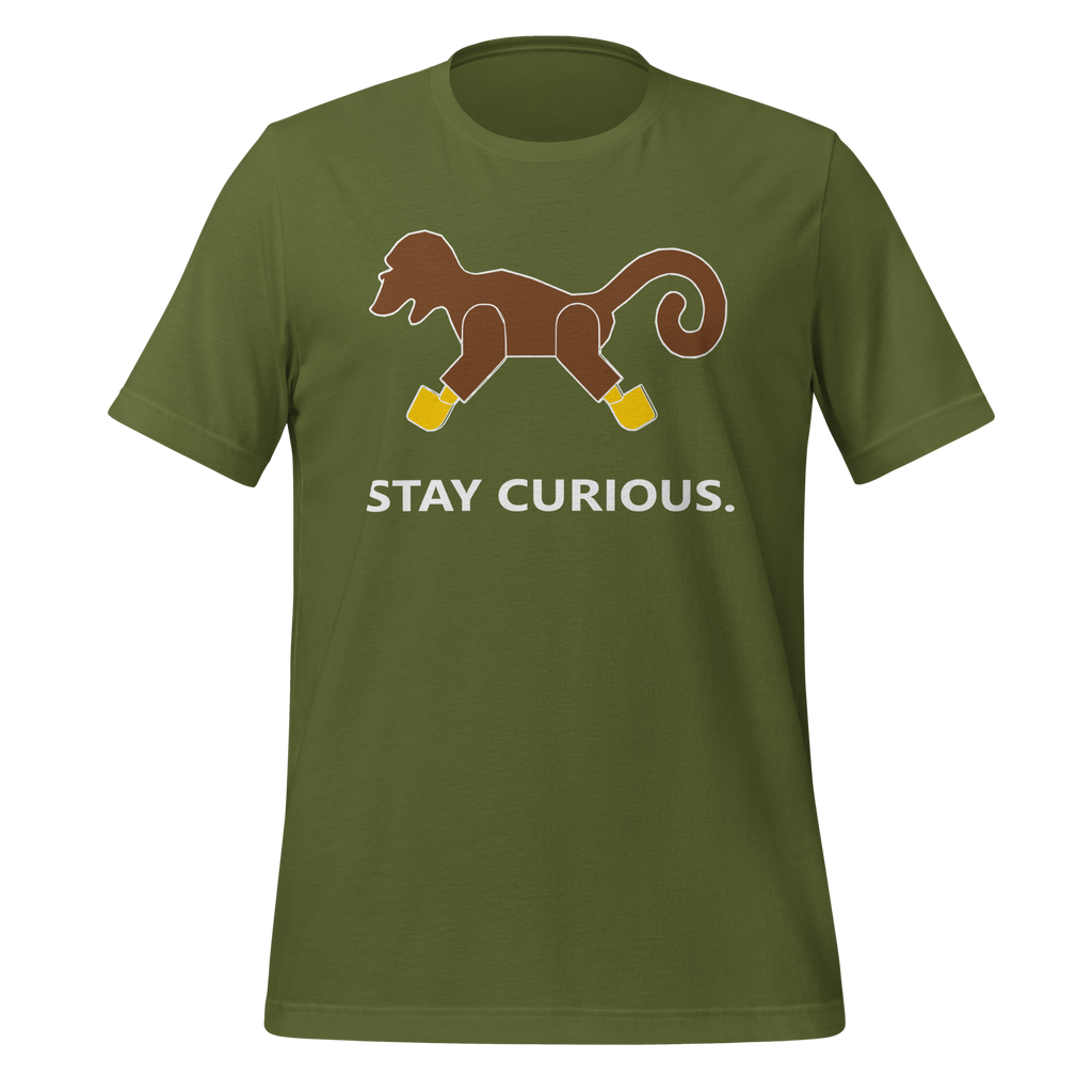Olive green 100% airlume cotton t-shirt featuring classic fan-made brick monkey design with parody AFOL slogan "Stay Curious". Item is a BRKDrip AFOL essentials shirt with a vintage pirate building blocks aesthetic.