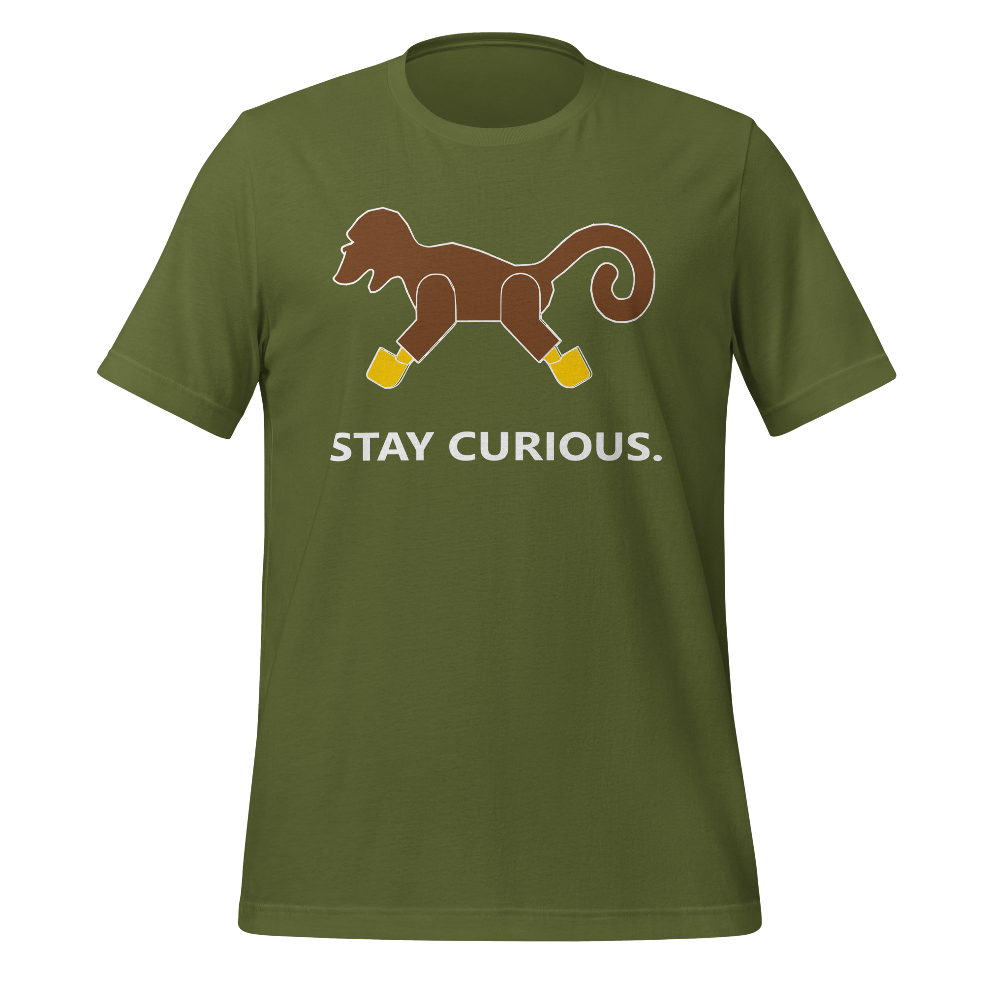 Olive green 100% airlume cotton t-shirt featuring classic fan-made brick monkey design with parody AFOL slogan "Stay Curious". Item is a BRKDrip AFOL essentials shirt with a vintage pirate building blocks aesthetic.