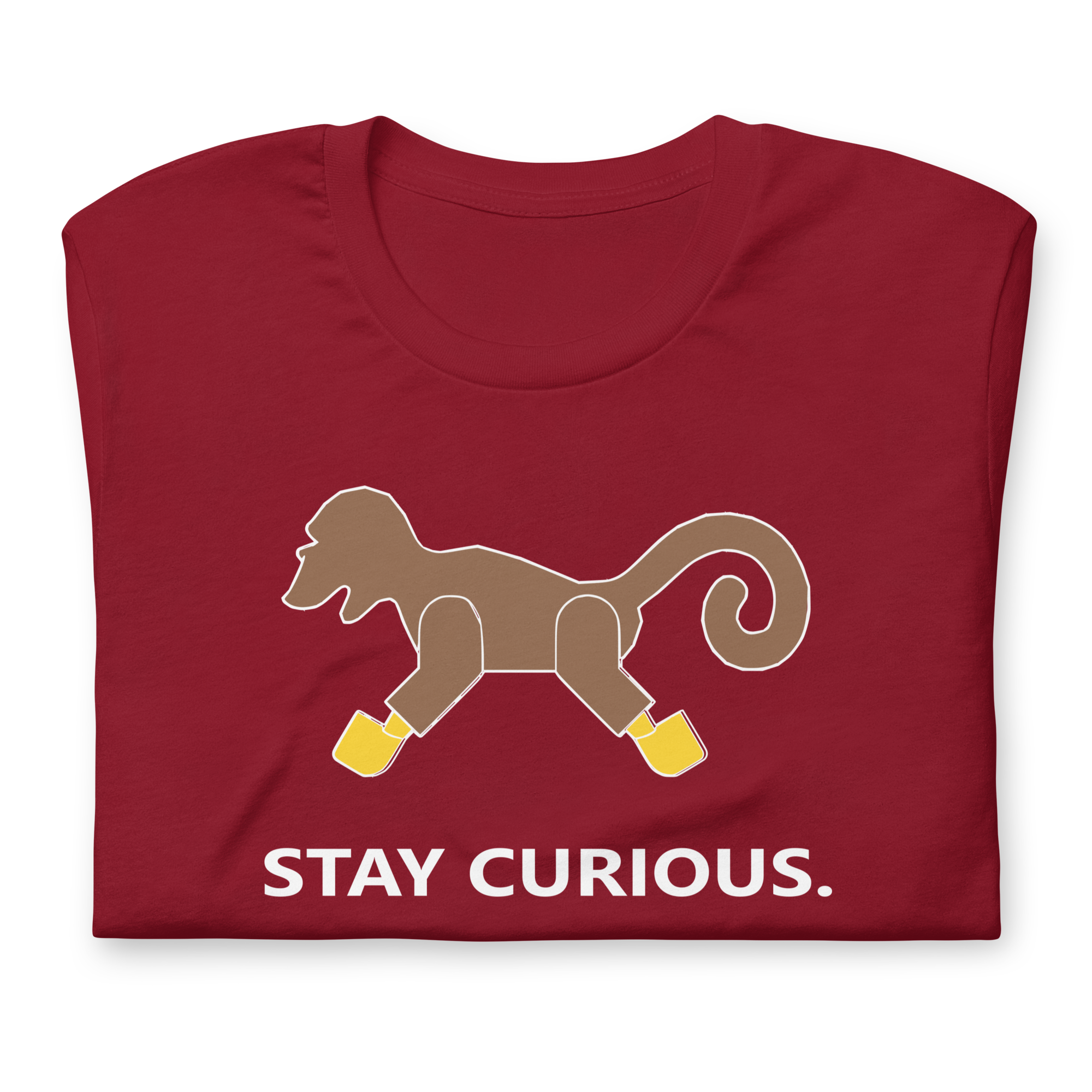 Folded cardinal red 100% airlume cotton t-shirt featuring classic fan-made brick monkey design with parody AFOL slogan "Stay Curious". Item is a BRKDrip AFOL essentials shirt with a vintage pirate building blocks aesthetic.
