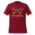 Cardinal red 100% airlume cotton t-shirt featuring classic fan-made brick monkey design with parody AFOL slogan "Stay Curious". Item is a BRKDrip AFOL essentials shirt with a vintage pirate building blocks aesthetic.