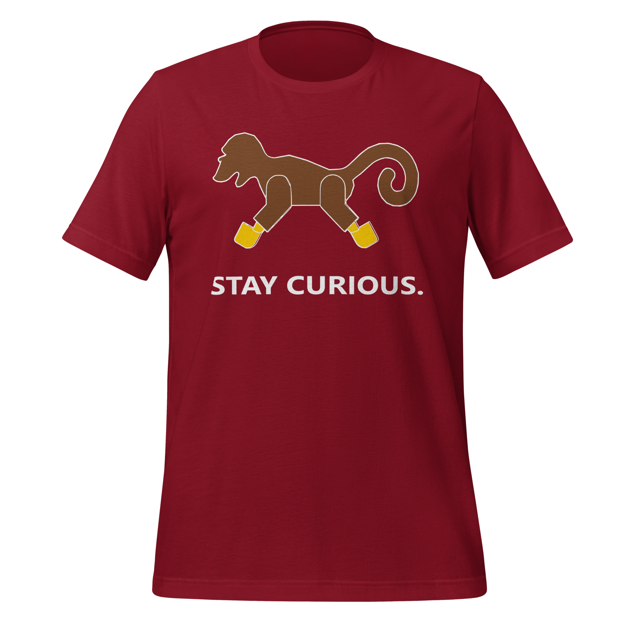 Cardinal red 100% airlume cotton t-shirt featuring classic fan-made brick monkey design with parody AFOL slogan "Stay Curious". Item is a BRKDrip AFOL essentials shirt with a vintage pirate building blocks aesthetic.