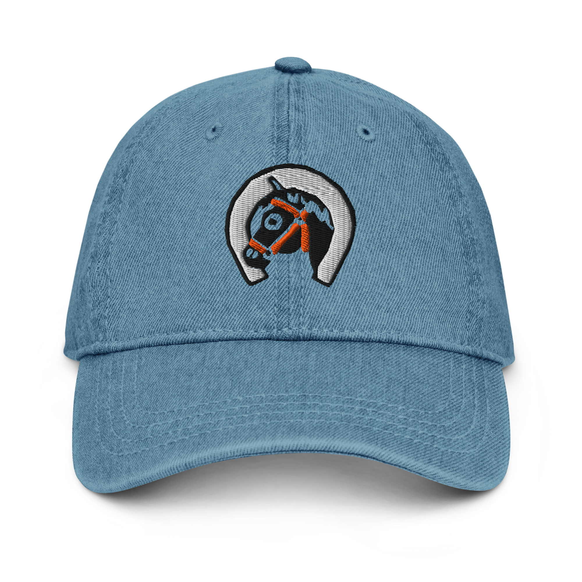 Front-facing view of denim dark blue cotton baseball cap hat featuring embroidered sunset stables ranch design. Item is a BRKDrip AFOL Headgear Dad Hat with a modern town building blocks aesthetic.