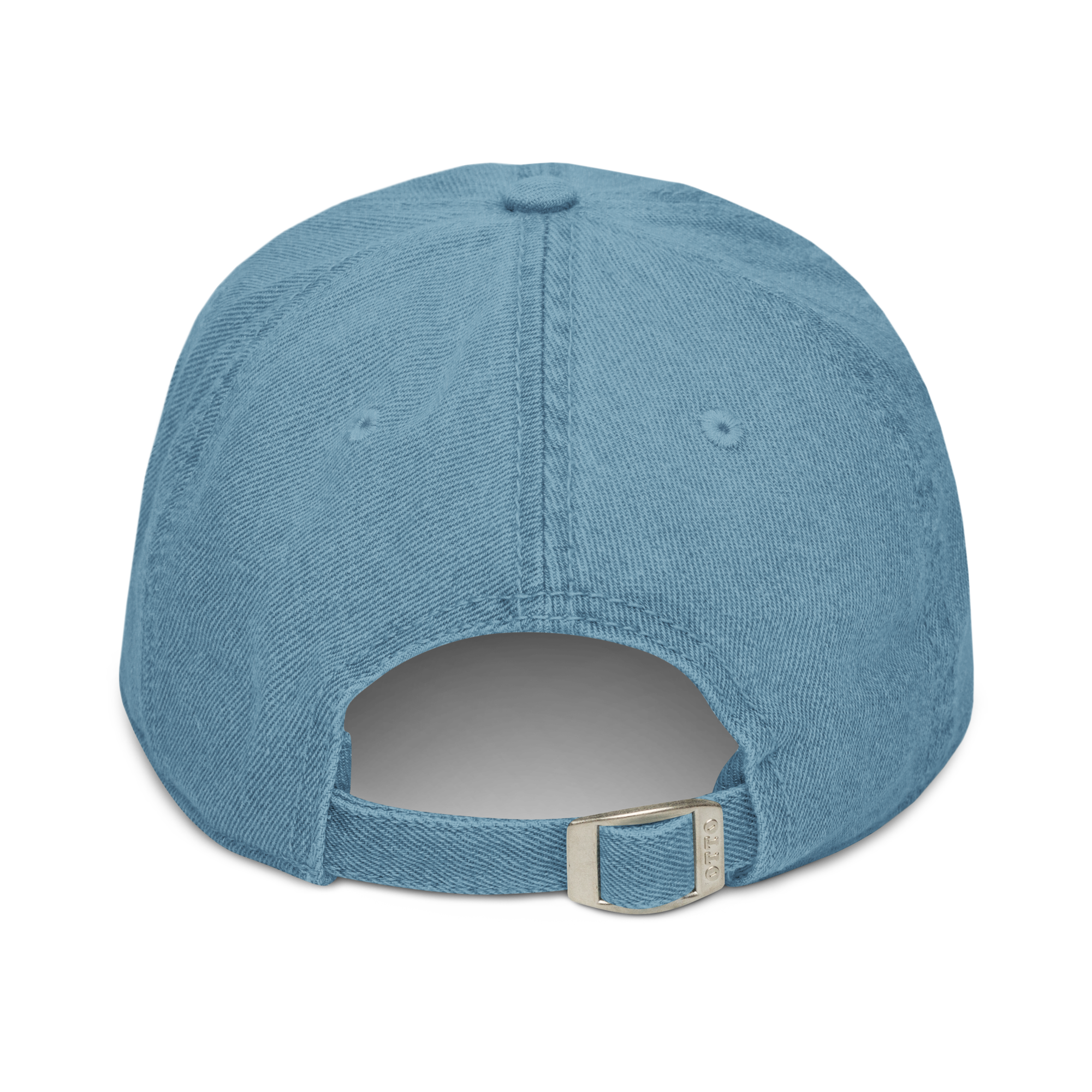 Back view of metal buckle and adjustable strap on a denim dark blue cotton baseball cap hat featuring embroidered sunset stables ranch design. Item is a BRKDrip AFOL Headgear Dad Hat with a modern town building blocks aesthetic.