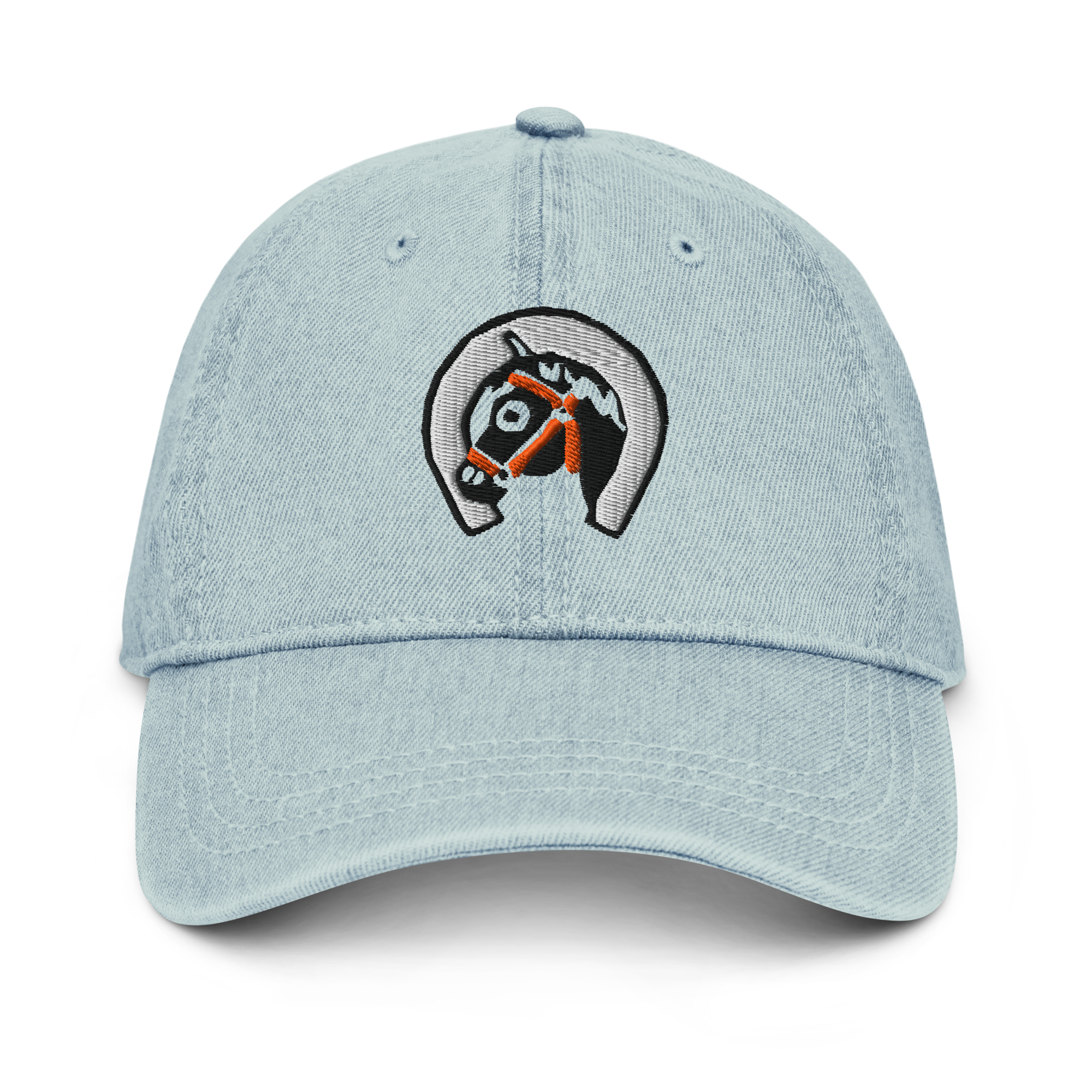 Front-facing view of denim light blue cotton baseball cap hat featuring embroidered sunset stables ranch design. Item is a BRKDrip AFOL Headgear Dad Hat with a modern town building blocks aesthetic.