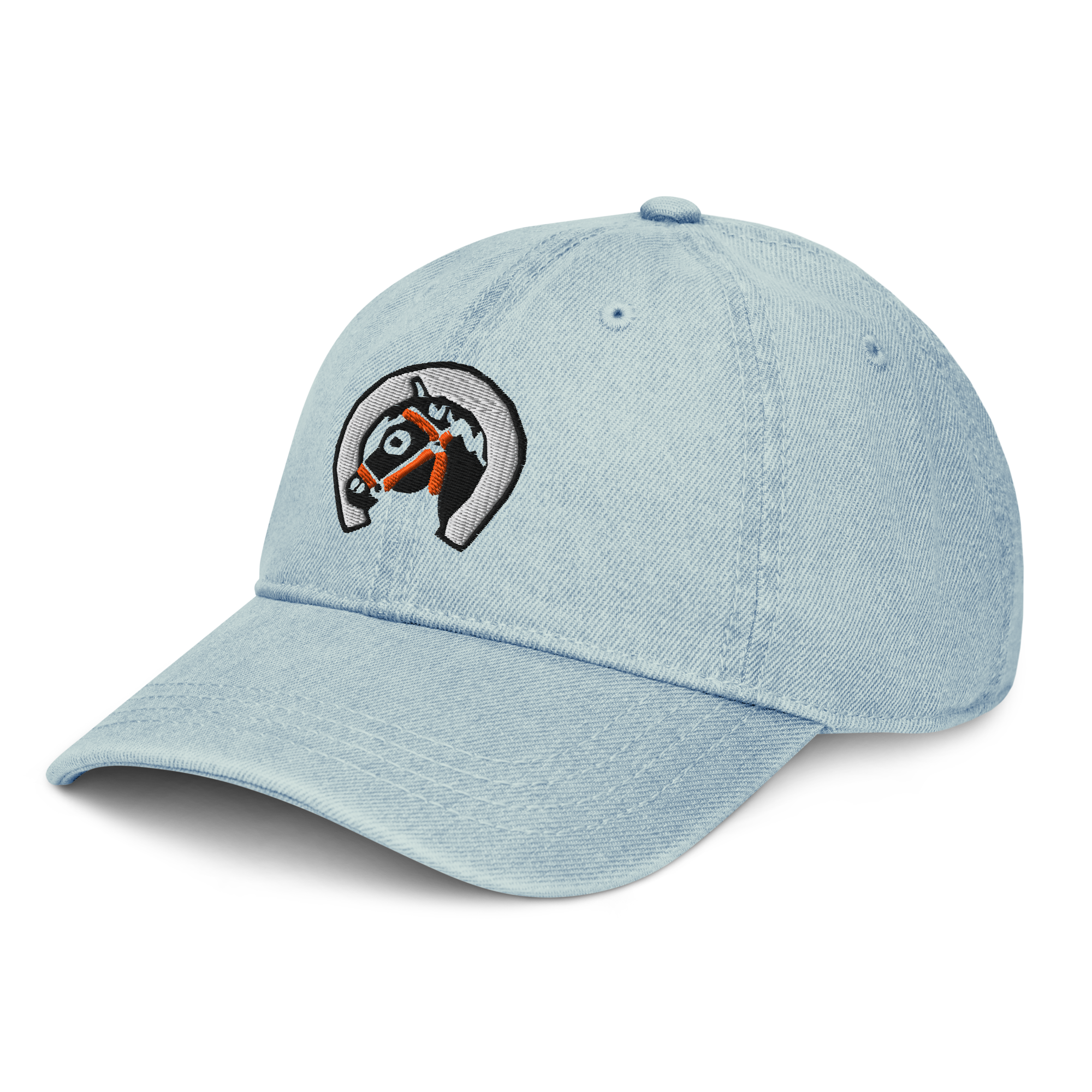 Side profile of denim light blue cotton baseball cap hat featuring embroidered sunset stables ranch design. Item is a BRKDrip AFOL Headgear Dad Hat with a modern town building blocks aesthetic.