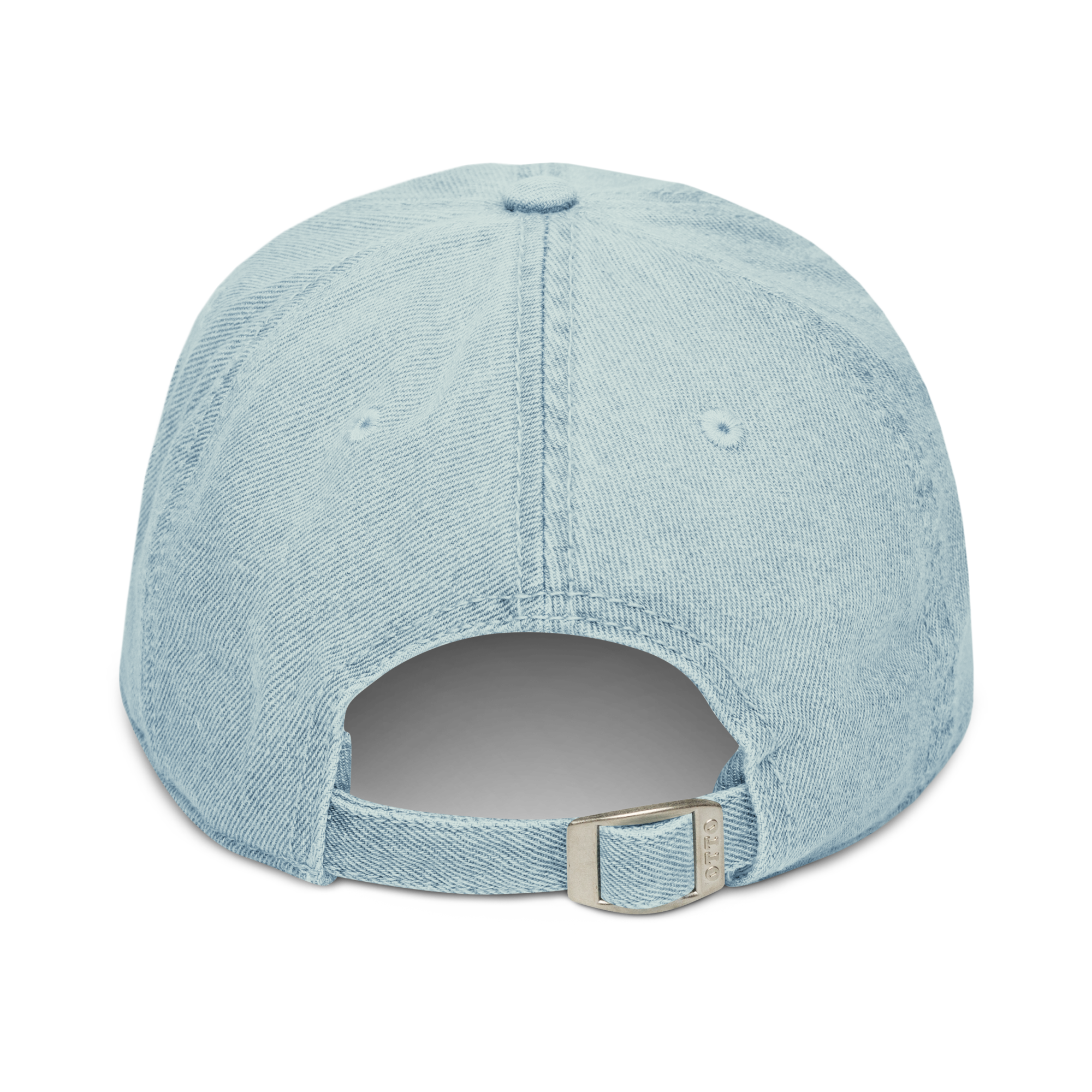 Back view of metal buckle and adjustable strap on a denim light blue cotton baseball cap hat featuring embroidered sunset stables ranch design. Item is a BRKDrip AFOL Headgear Dad Hat with a modern town building blocks aesthetic.