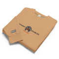 Burro brown tri-blend fleece sweatshirt featuring a classic fan-made sunset stables ranch design embroidered across the front and setshirt number 6405 on the sleeve. Item is a BRKDrip Limited Edition Cozy Wear Sweatshirt with a classic town building blocks aesthetic.
