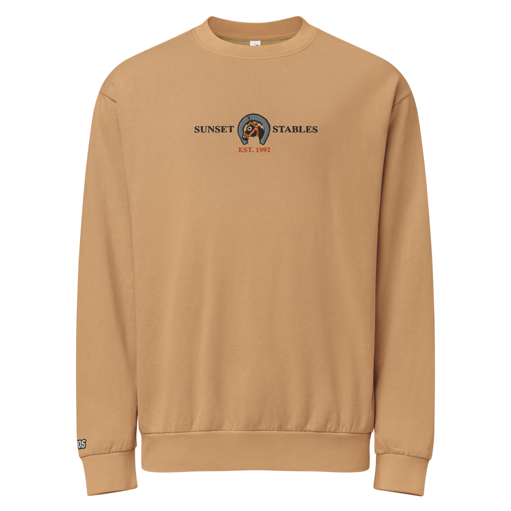 Hanging burro brown tri-blend fleece sweatshirt featuring a classic fan-made sunset stables ranch design embroidered across the front and setshirt number 6405 on the sleeve. Item is a BRKDrip Limited Edition Cozy Wear Sweatshirt with a classic town building blocks aesthetic.