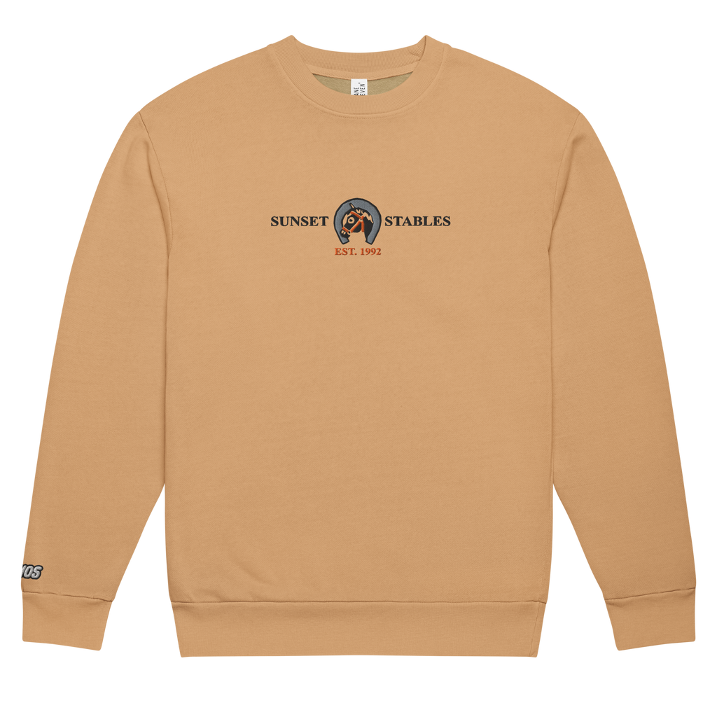 Flat burro brown tri-blend fleece sweatshirt featuring a classic fan-made sunset stables ranch design embroidered across the front and setshirt number 6405 on the sleeve. Item is a BRKDrip Limited Edition Cozy Wear Sweatshirt with a classic town building blocks aesthetic.