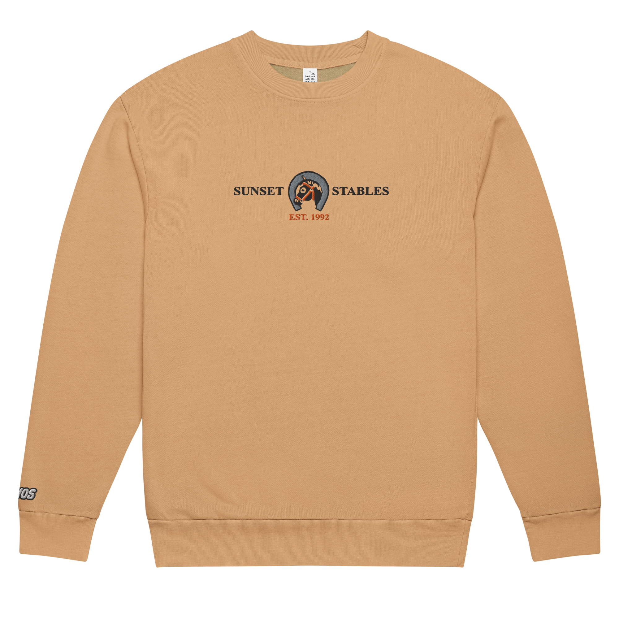 Flat burro brown tri-blend fleece sweatshirt featuring a classic fan-made sunset stables ranch design embroidered across the front and setshirt number 6405 on the sleeve. Item is a BRKDrip Limited Edition Cozy Wear Sweatshirt with a classic town building blocks aesthetic.