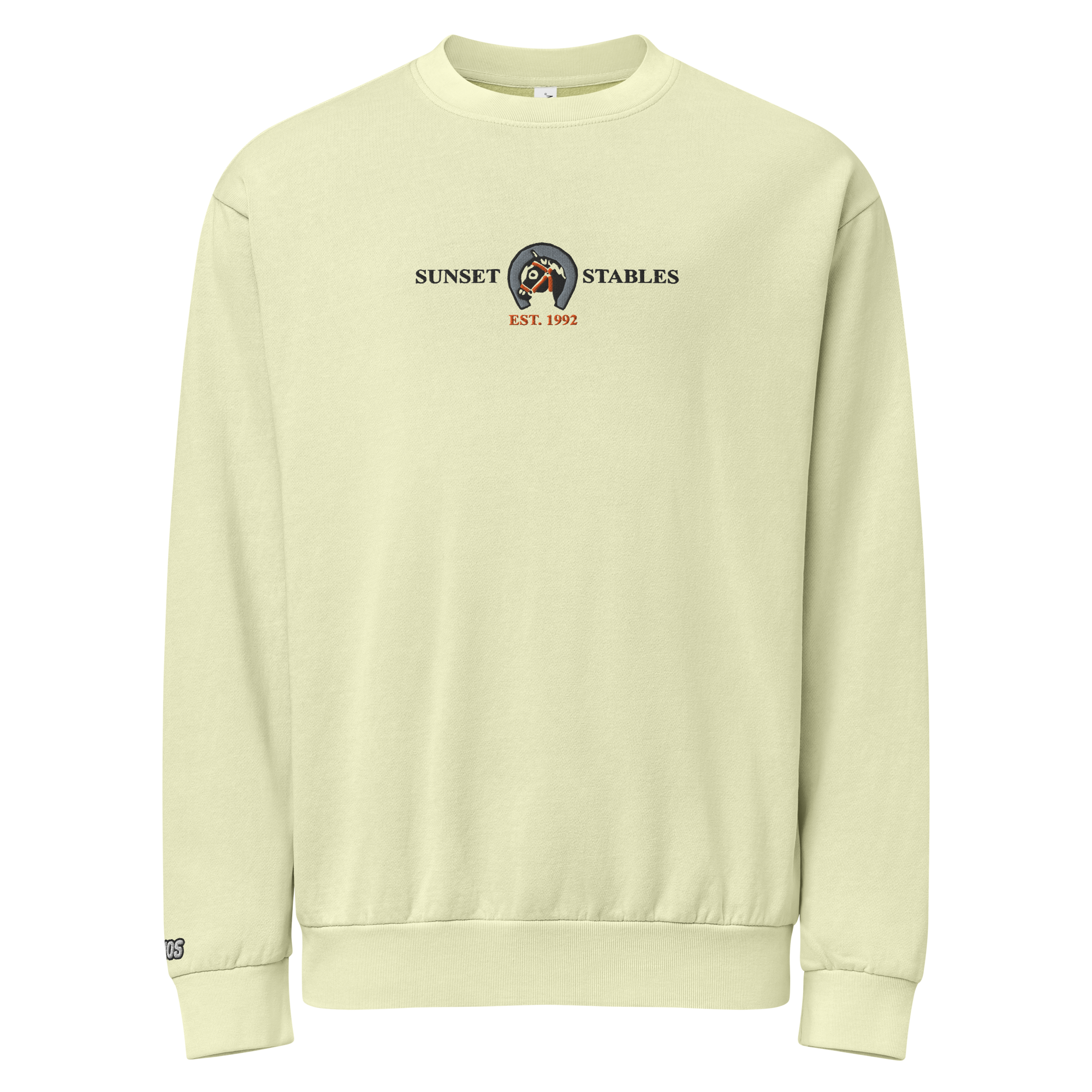 Hanging pistachio-colored tri-blend fleece sweatshirt featuring a classic fan-made sunset stables ranch design embroidered across the front and setshirt number 6405 on the sleeve. Item is a BRKDrip Limited Edition Cozy Wear Sweatshirt with a classic town building blocks aesthetic.