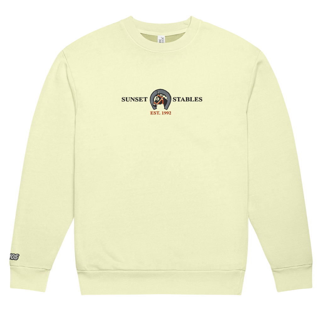 Flat pistachio-colored tri-blend fleece sweatshirt featuring a classic fan-made sunset stables ranch design embroidered across the front and setshirt number 6405 on the sleeve. Item is a BRKDrip Limited Edition Cozy Wear Sweatshirt with a classic town building blocks aesthetic.