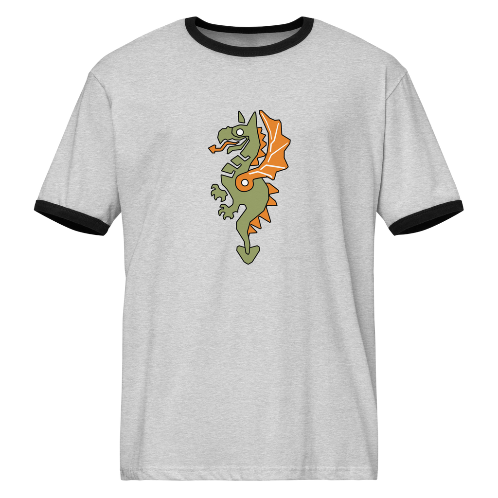 Grey airlume cotton t-shirt featuring classic fan-made reimagined dragon masters faction design with high-contrast black ribbing on the sleeve and neck. Item is a BRKDrip Retro Collection t-shirt with a vintage castle building blocks aesthetic.