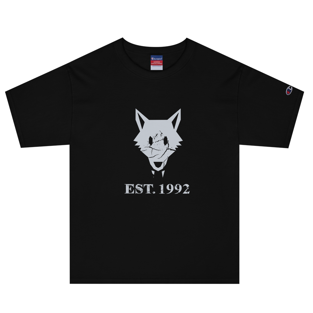 Black heavyweight, 100% cotton luxury Champion© t-shirt featuring aged wolfpack emblem and text "EST. 1992" indicating the year the faction was first introduced to the brick universe. Item is a BRKDrip Heritage Collection luxury shirt with a vintage castle building block aesthetic.