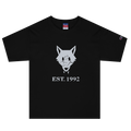Black heavyweight, 100% cotton luxury Champion© t-shirt featuring aged wolfpack emblem and text "EST. 1992" indicating the year the faction was first introduced to the brick universe. Item is a BRKDrip Heritage Collection luxury shirt with a vintage castle building block aesthetic.