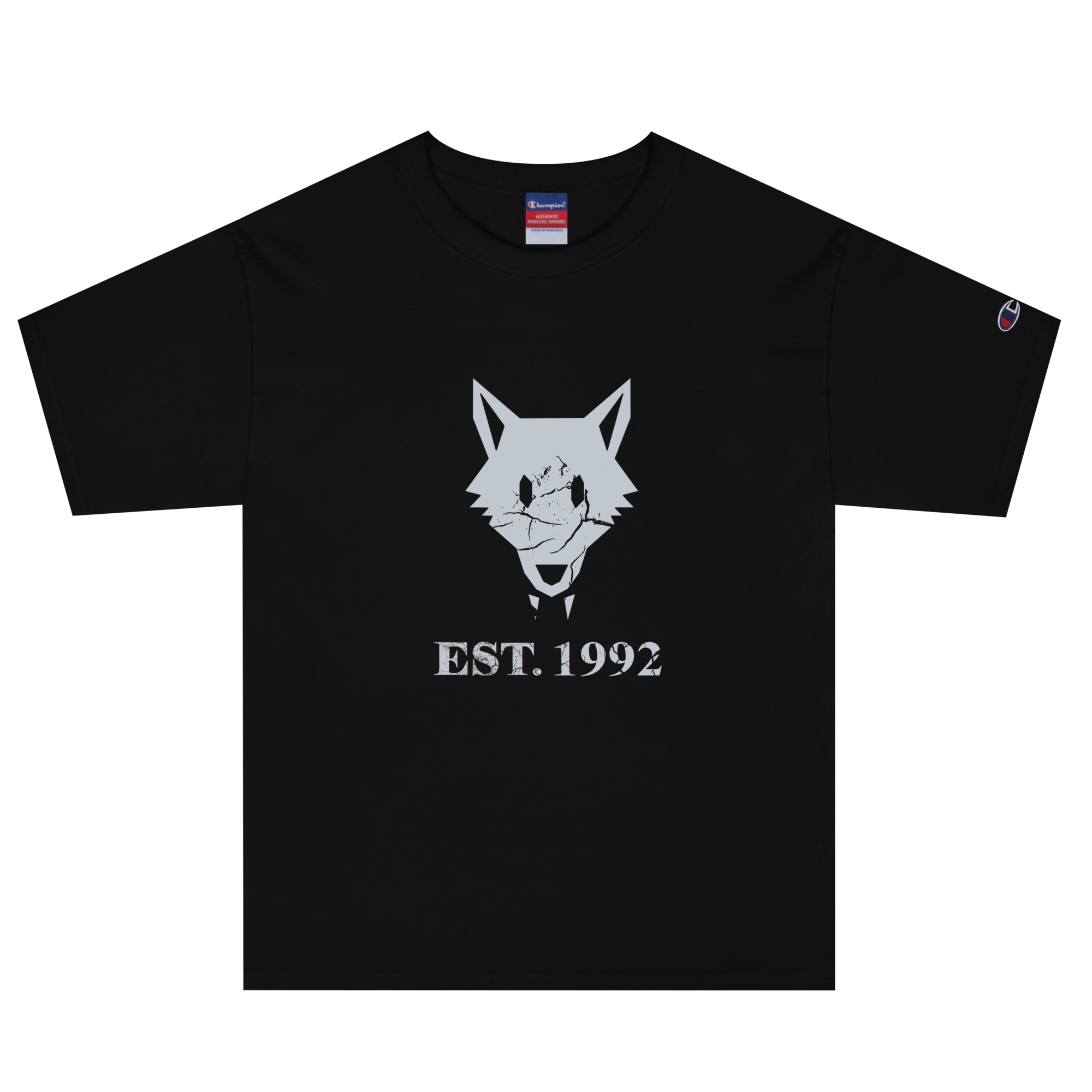 Black heavyweight, 100% cotton luxury Champion© t-shirt featuring aged wolfpack emblem and text "EST. 1992" indicating the year the faction was first introduced to the brick universe. Item is a BRKDrip Heritage Collection luxury shirt with a vintage castle building block aesthetic.