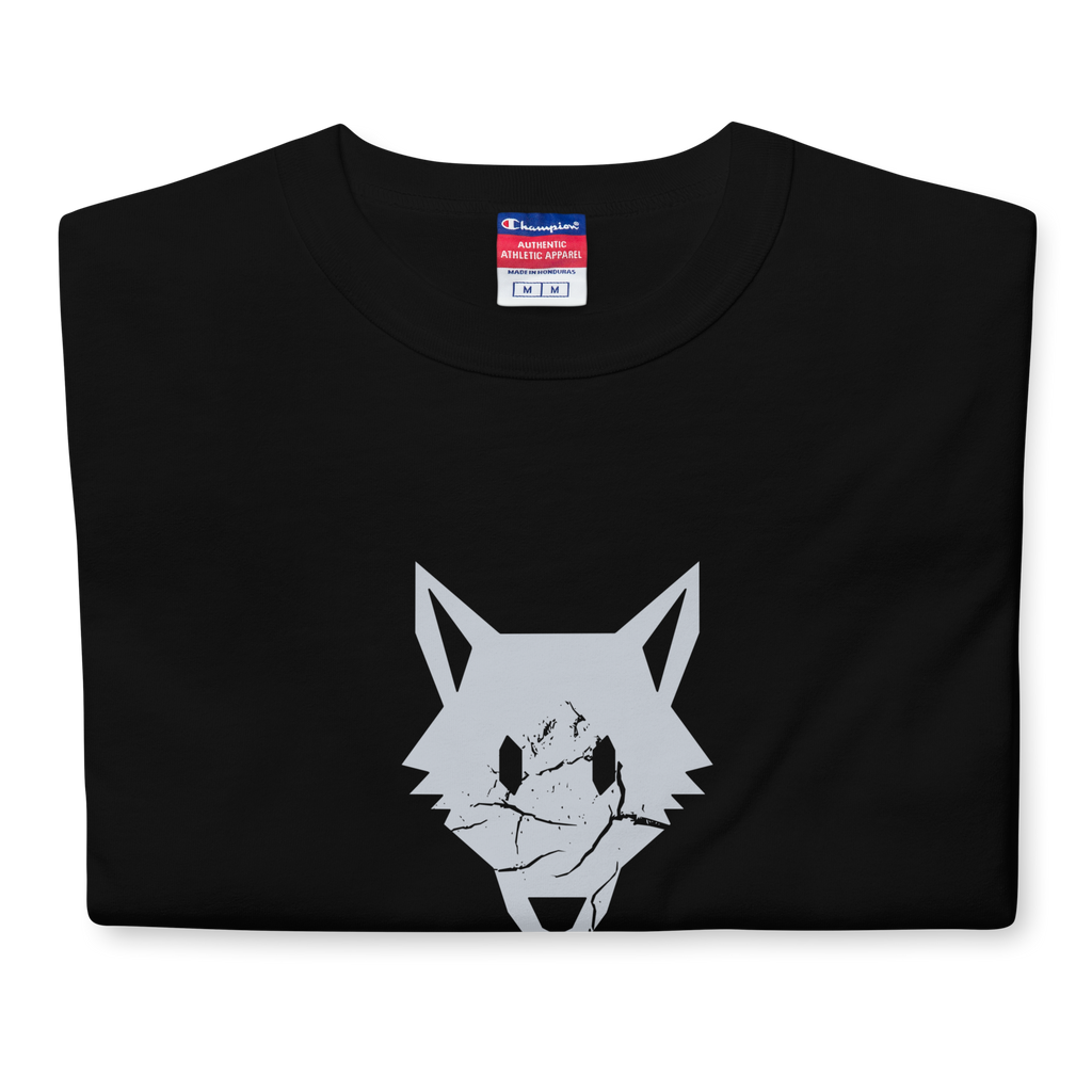 Folded black heavyweight, 100% cotton luxury Champion© t-shirt featuring aged wolfpack emblem and text "EST. 1992" indicating the year the faction was first introduced to the brick universe. Item is a BRKDrip Heritage Collection luxury shirt with a vintage castle building block aesthetic.